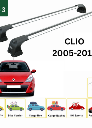 Renault Clio 2005-2012 Roof Rack System, Aluminium Cross Bar, Metal Bracket, Fix Point, Gri