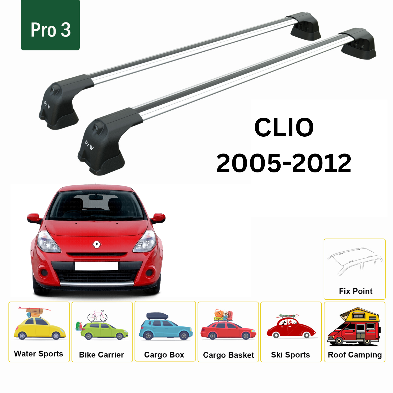 Renault Clio 2005-2012 Roof Rack System, Aluminium Cross Bar, Metal Bracket, Fix Point, Gri
