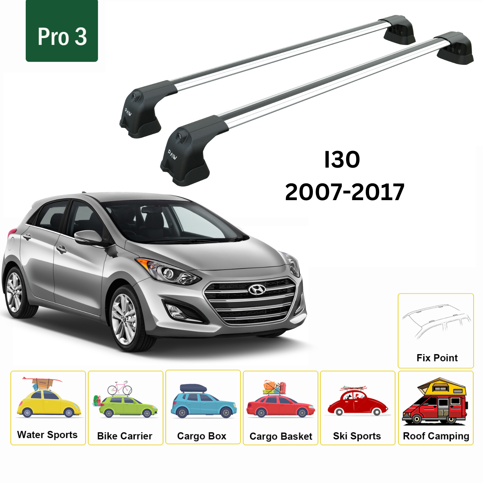 Paw Hyundai i30 (FD) 2007-2012 Ara Atkı Portbagaj Taşıyıcı - Pro 3 Gri