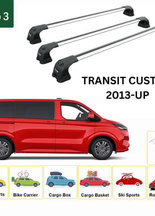 Ford Transit Custom Lwb 2013-2023 Roof Rack Cross Bars 3-Fix Point Alu Gri