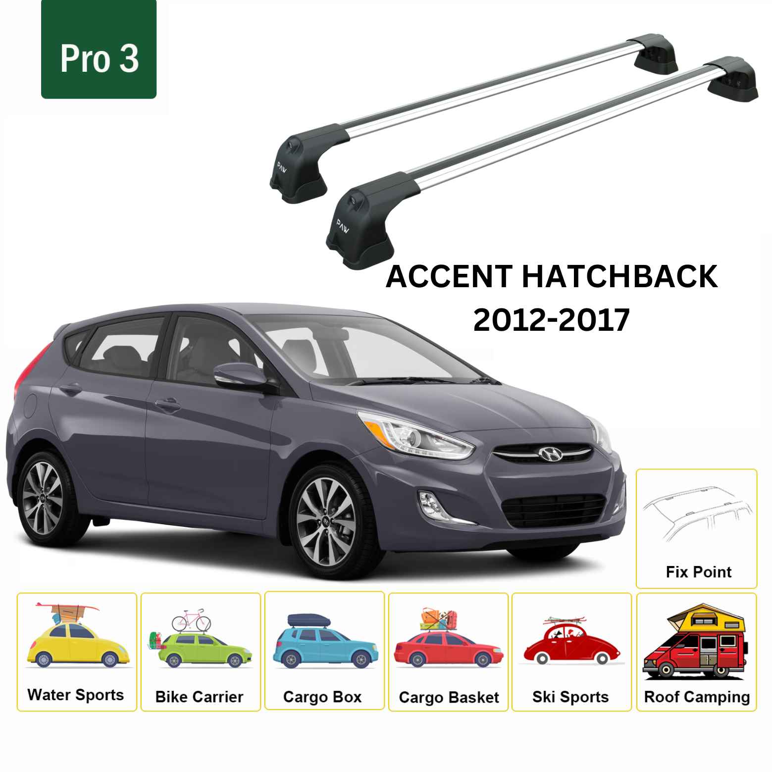Paw Hyundai Accent Hatchback (RB) 2012-2017 Ara Atkı Portbagaj Taşıyıcı - Pro 3 Gri