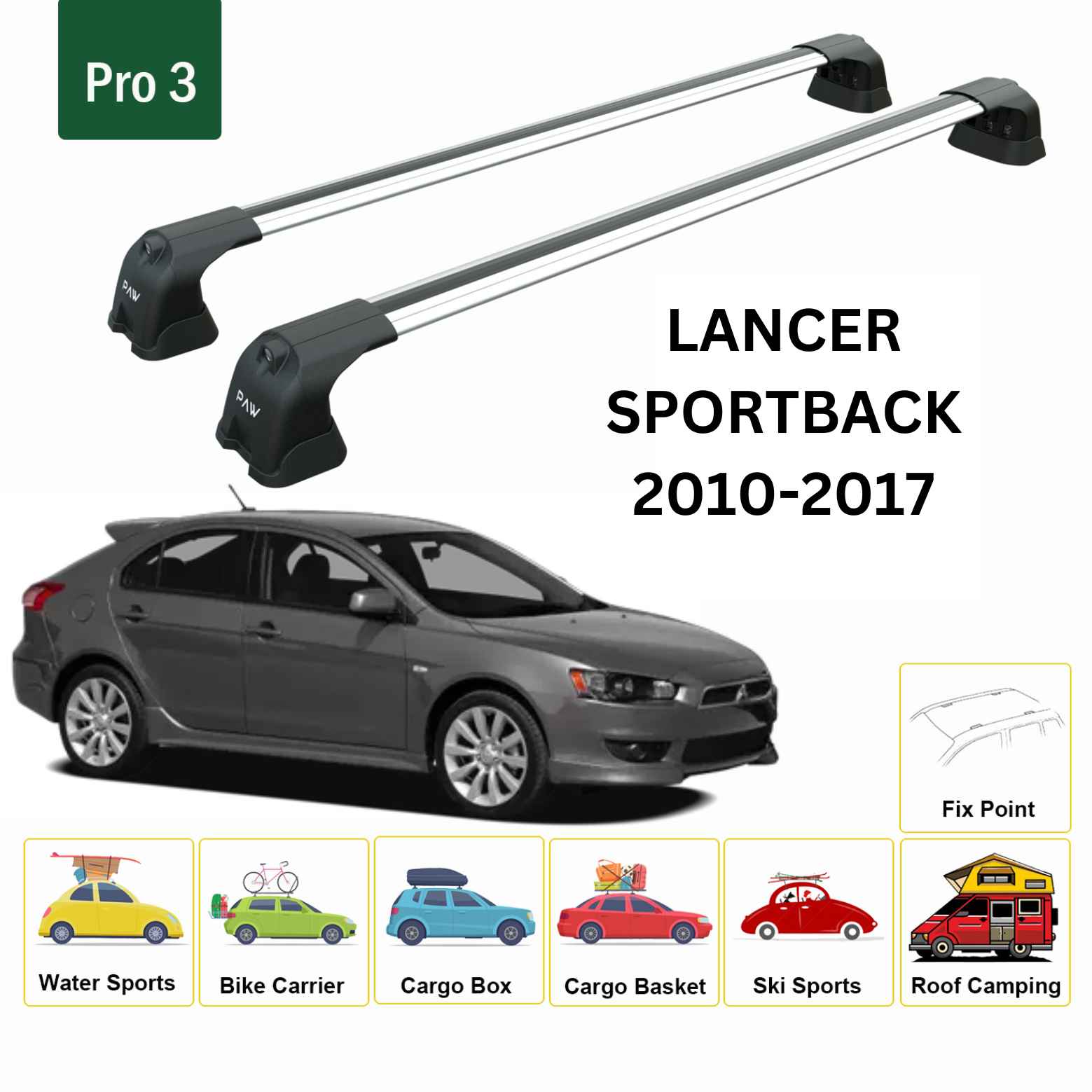Mitsubishi Lancer Sportback 2010-2017 Portbagaj Taşıyıcı Ara Atkı Aparatı Paw Pro 3 Gri