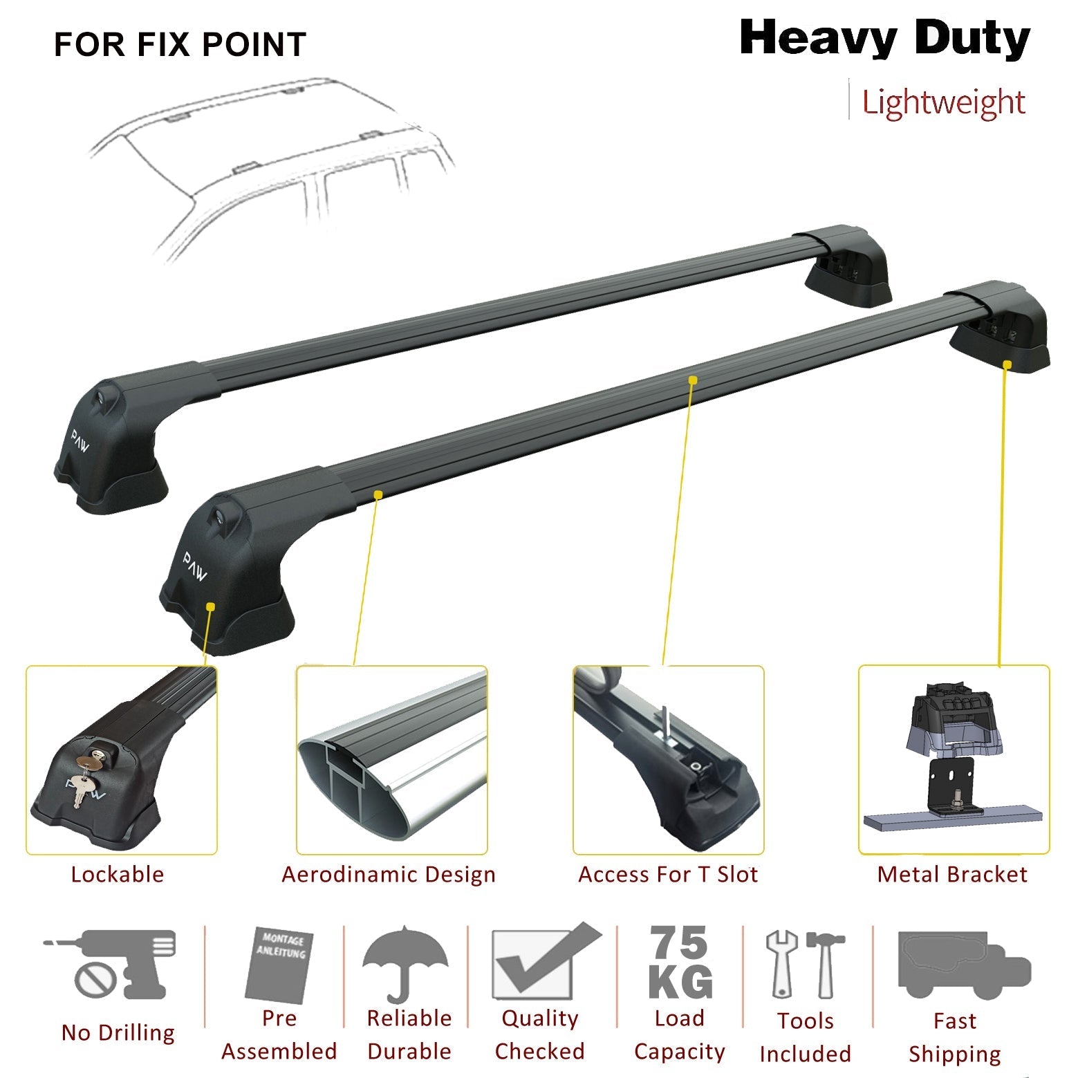 Renault Clio 2005-2012 Roof Rack System, Aluminium Cross Bar, Metal Bracket, Fix Point, Siyah