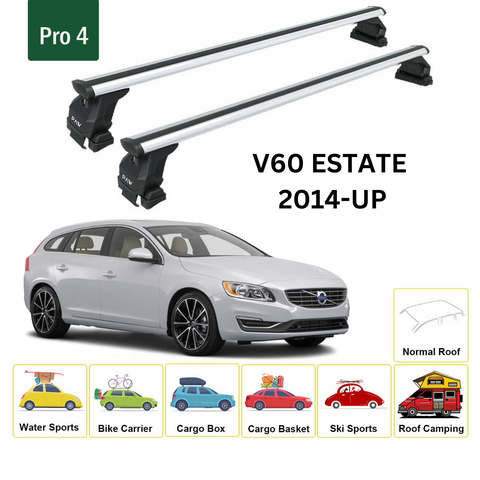 Volvo V60 Estate 2014-2018 Oluksuz Üst Tavan Portbagaj Taşıyıcı Ara Atkısı Toros Serisi Pro 4 Gri
