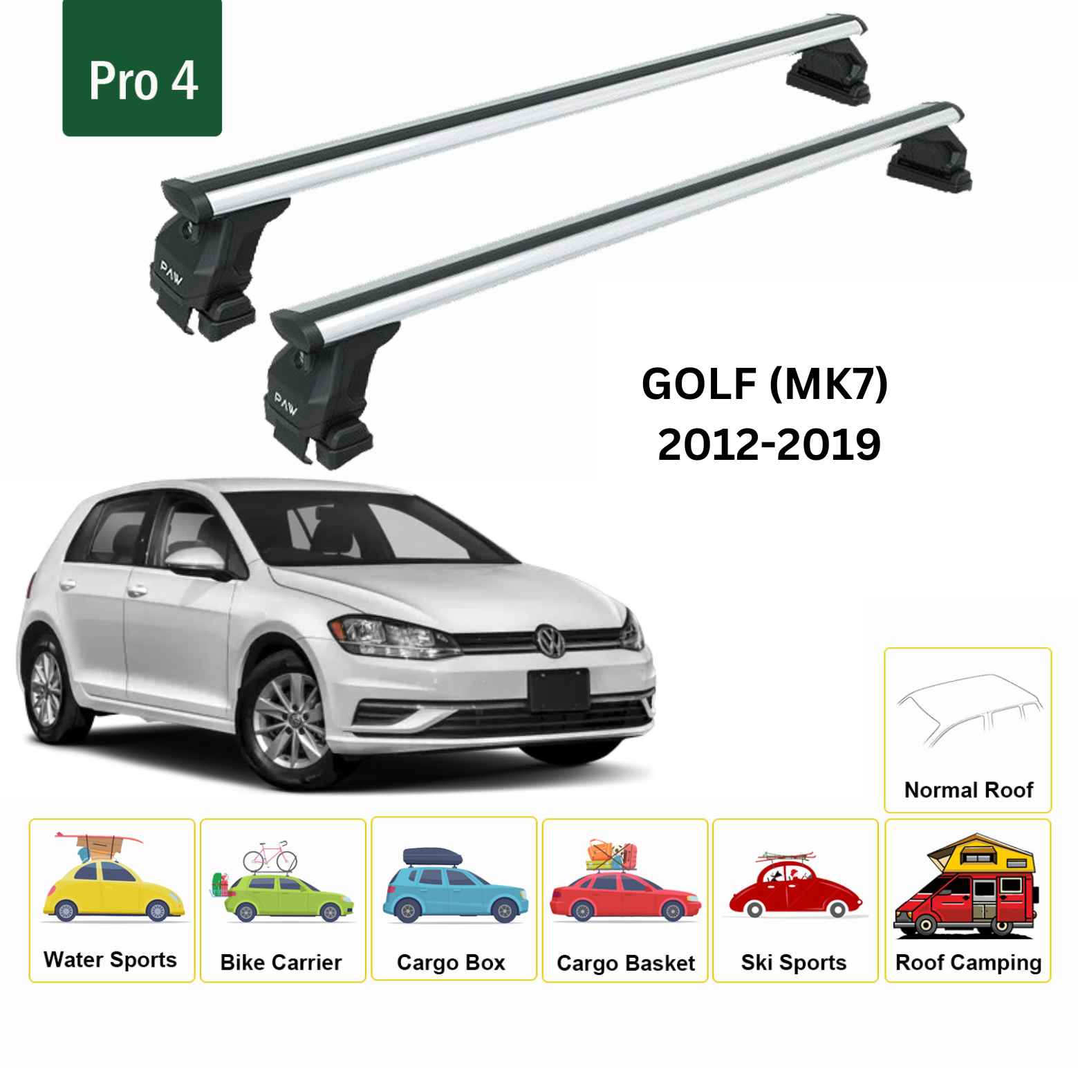 Volkswagen Golf 5D (Mk7) 2012-2019 Oluksuz Üst Tavan Portbagaj Taşıyıcı Ara Atkısı Toros Serisi Pro 4 Gri