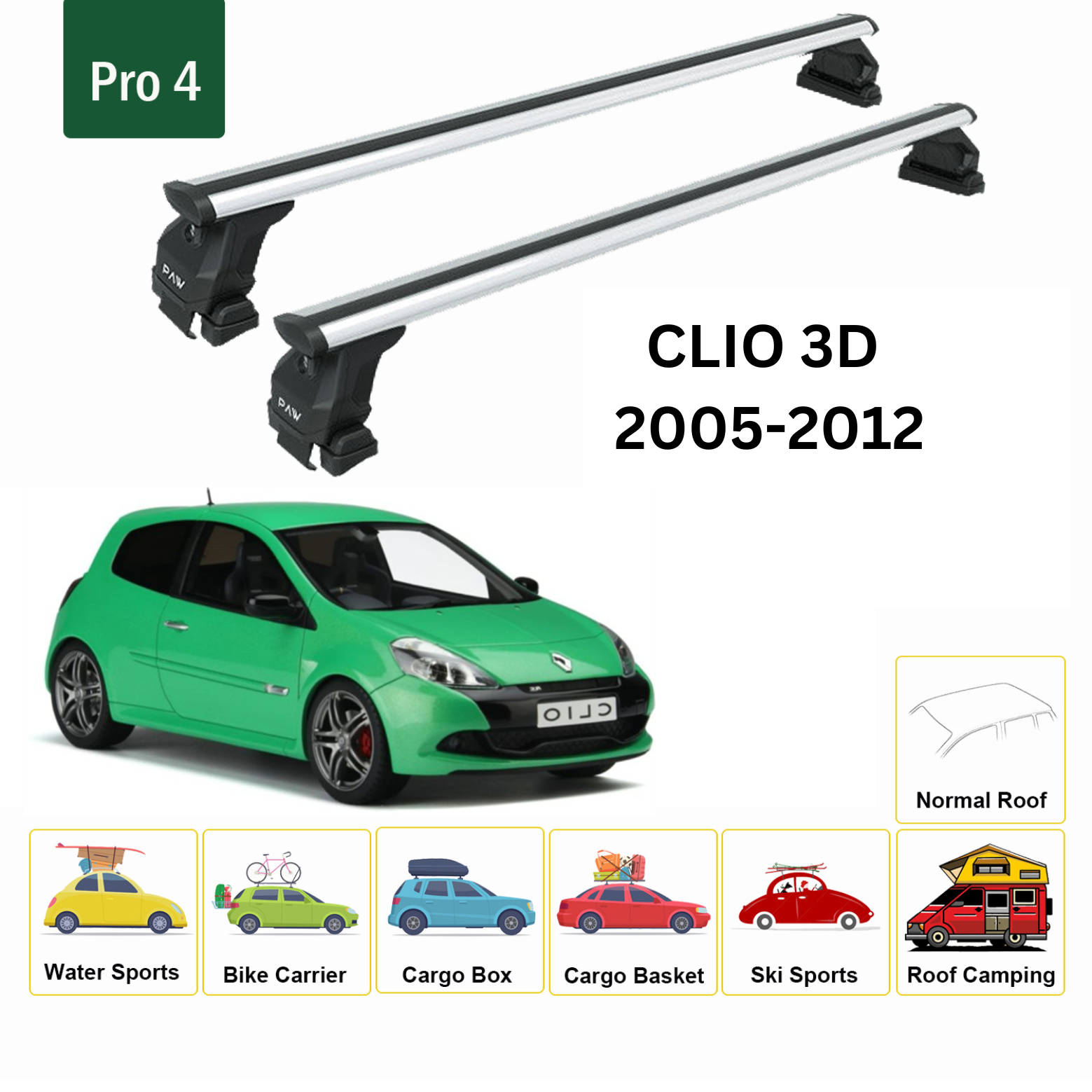 Renault Clio 3D 2005-2012 Oluksuz Üst Tavan Portbagaj Taşıyıcı Ara Atkısı Toros Serisi Pro 4 Gri