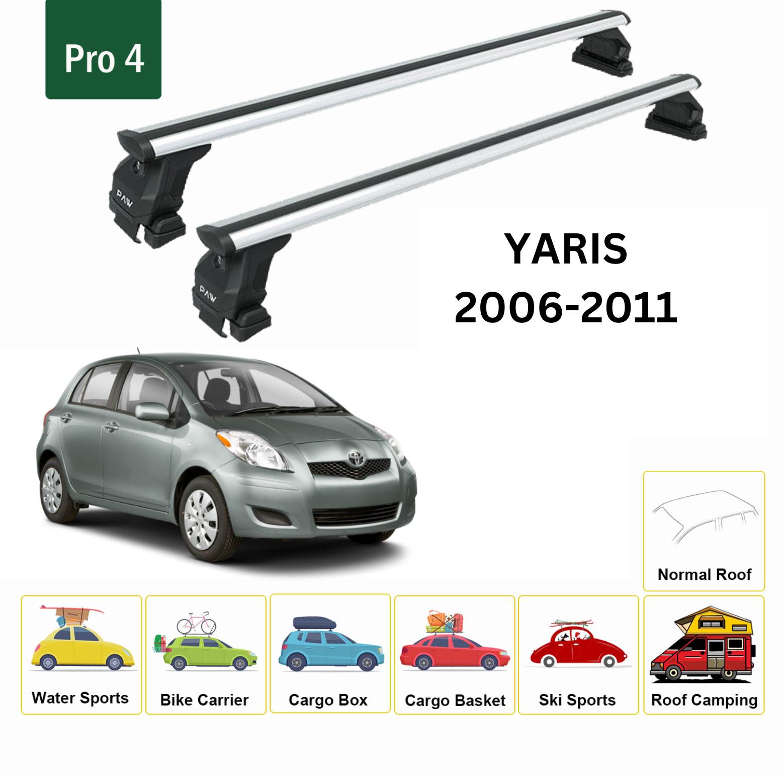 Toyota Yaris Hb 2006-2011 Oluksuz Üst Tavan Portbagaj Taşıyıcı Ara Atkısı Toros Serisi Pro 4 Gri