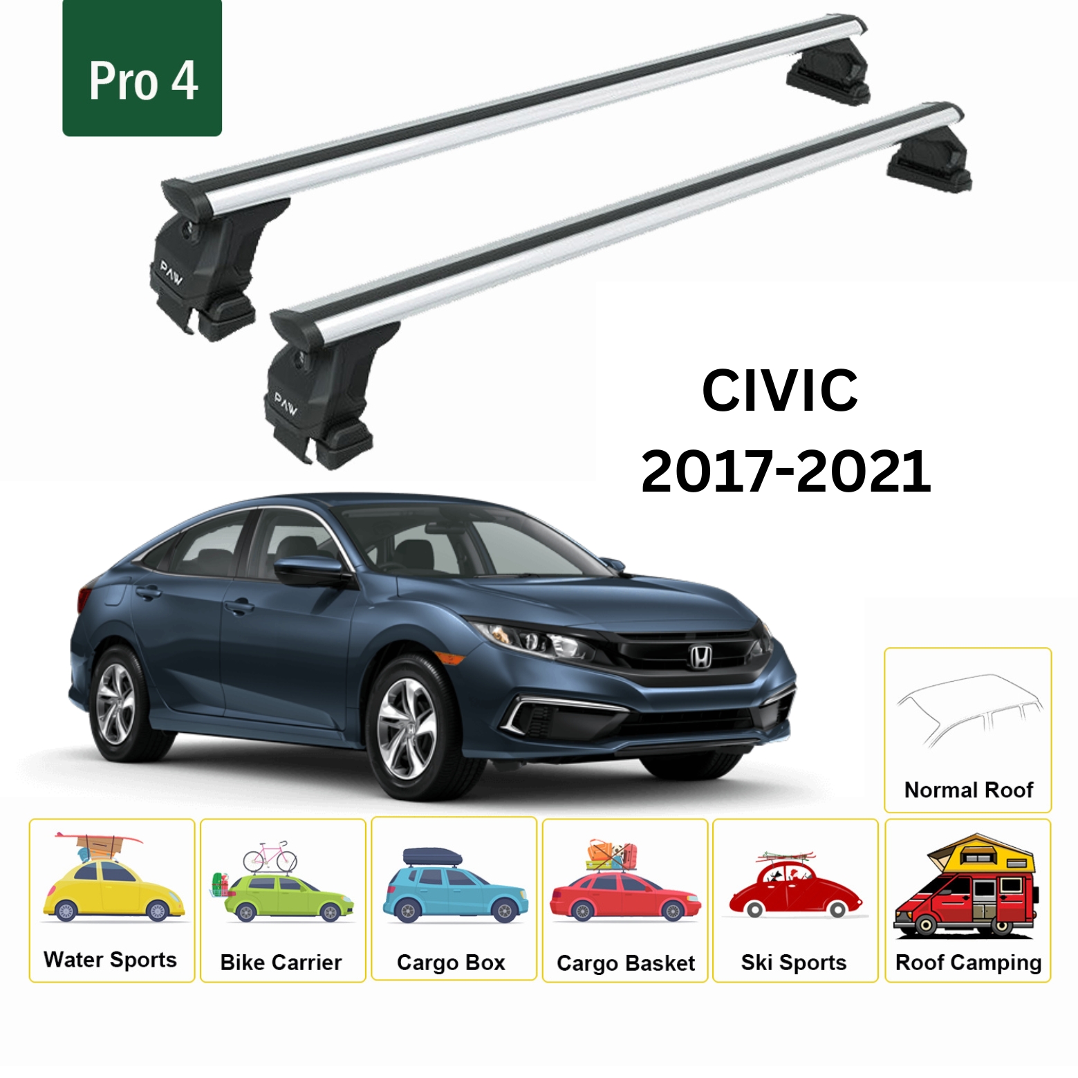 Honda Civic 2017-2021 Oluksuz Üst Tavan Portbagaj Taşıyıcı Ara Atkısı Toros Serisi Pro 4 Gri
