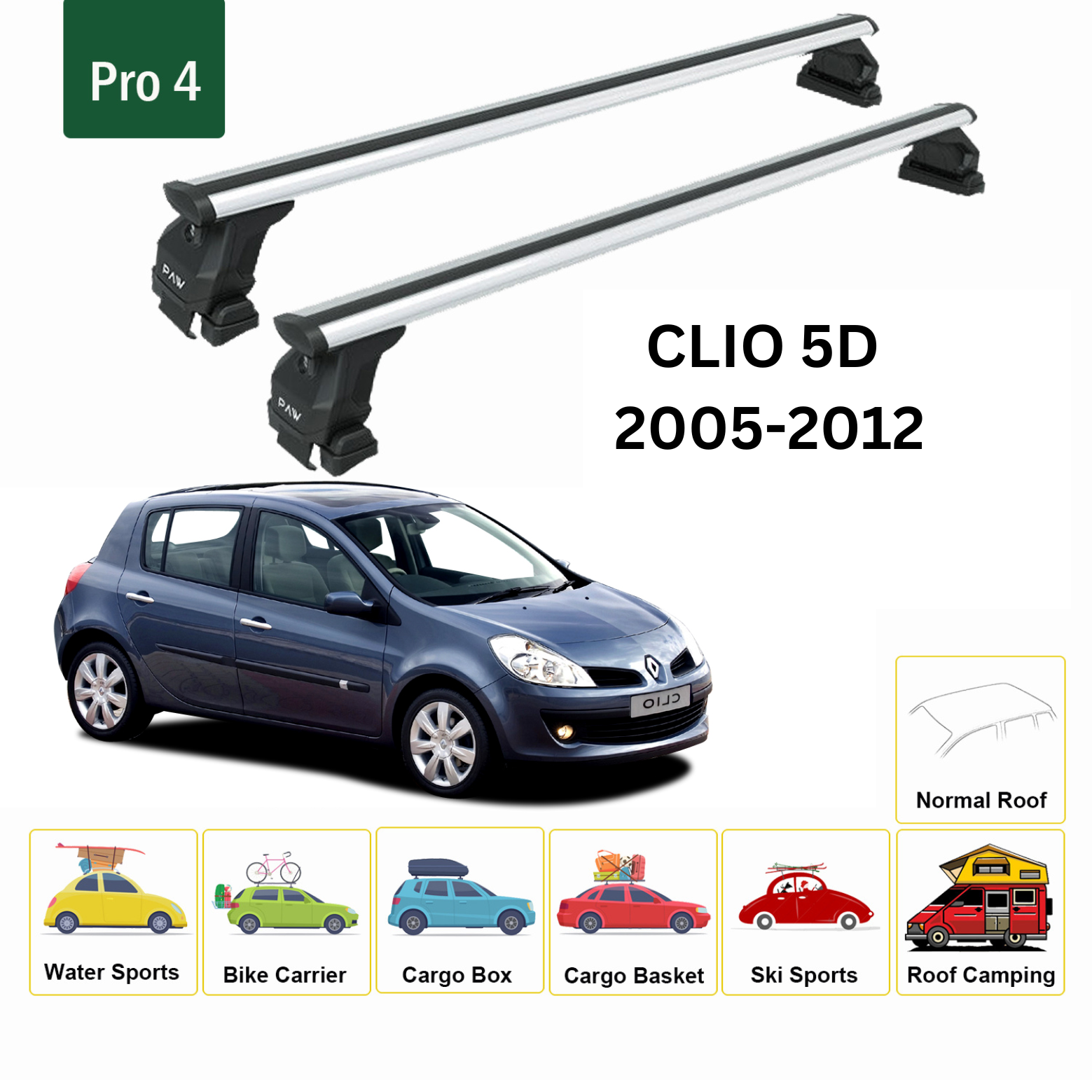 Renault Clio 2005-2012 Oluksuz Üst Tavan Portbagaj Taşıyıcı Ara Atkısı Toros Serisi Pro 4 Gri