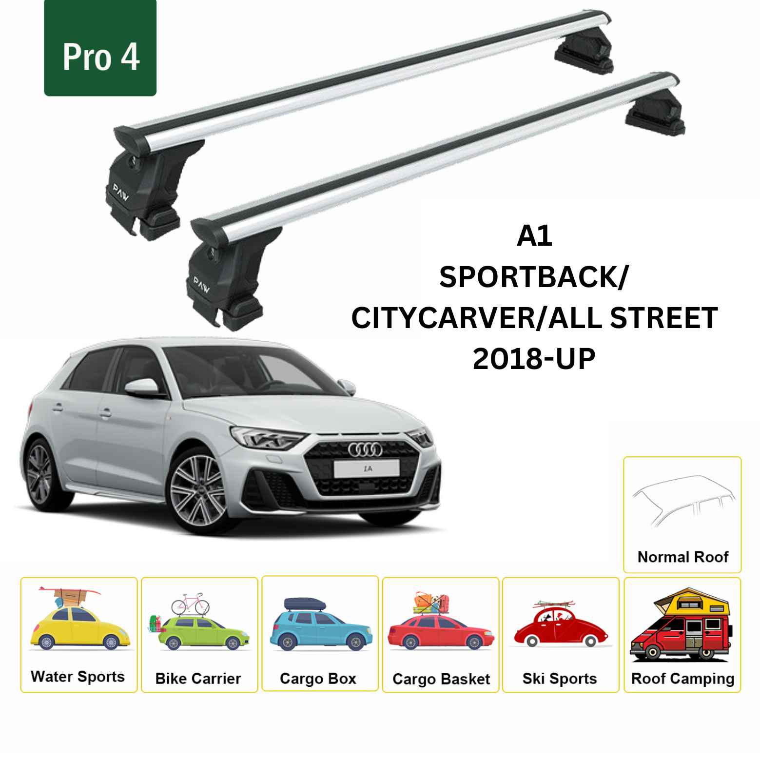Audi A1 2018-2025 Oluksuz Üst Tavan Portbagaj Taşıyıcı Ara Atkısı Toros Serisi Pro 4 Gri