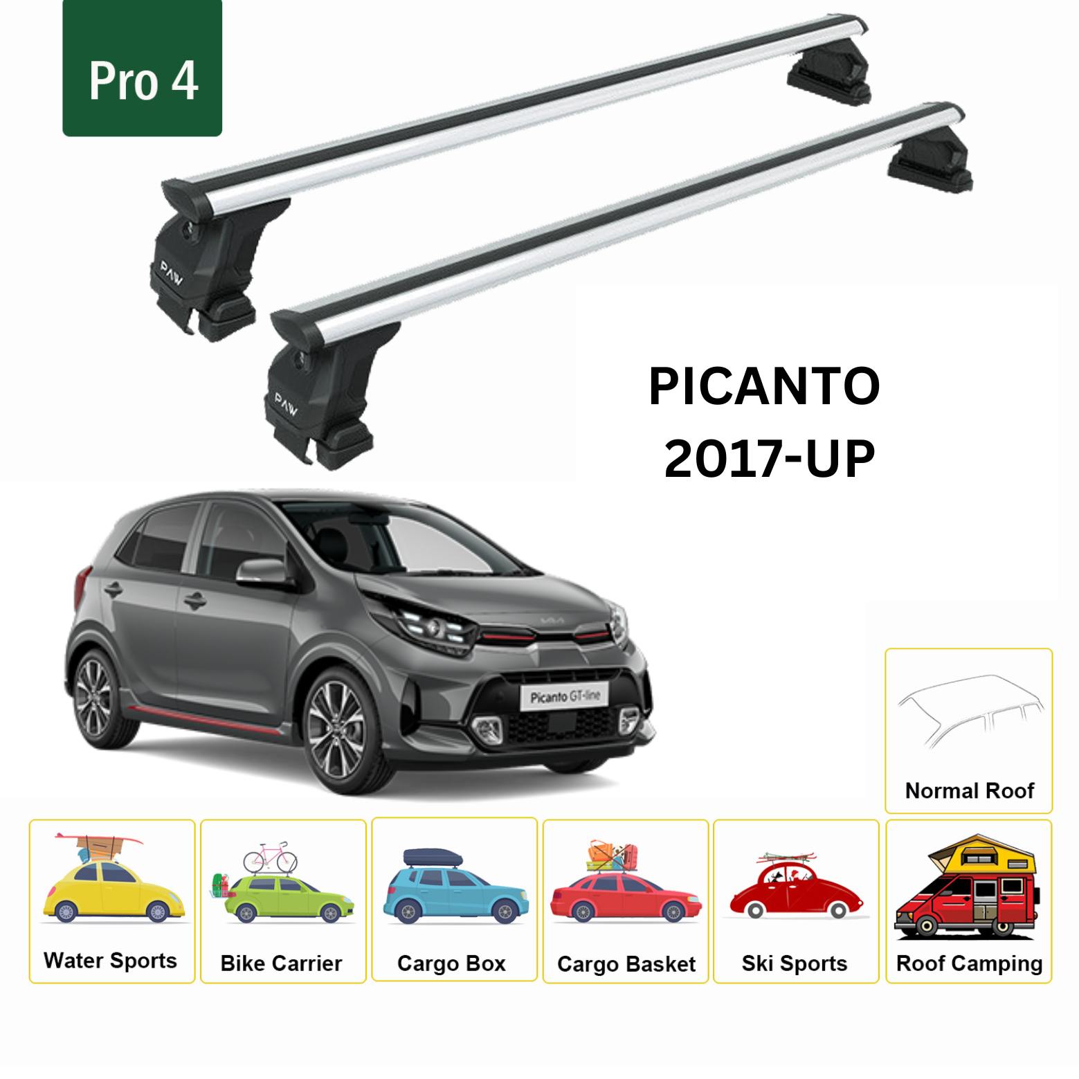 Kia Picanto 2004-2011 Oluksuz Üst Tavan Portbagaj Taşıyıcı Ara Atkısı Toros Serisi Pro 4 Gri