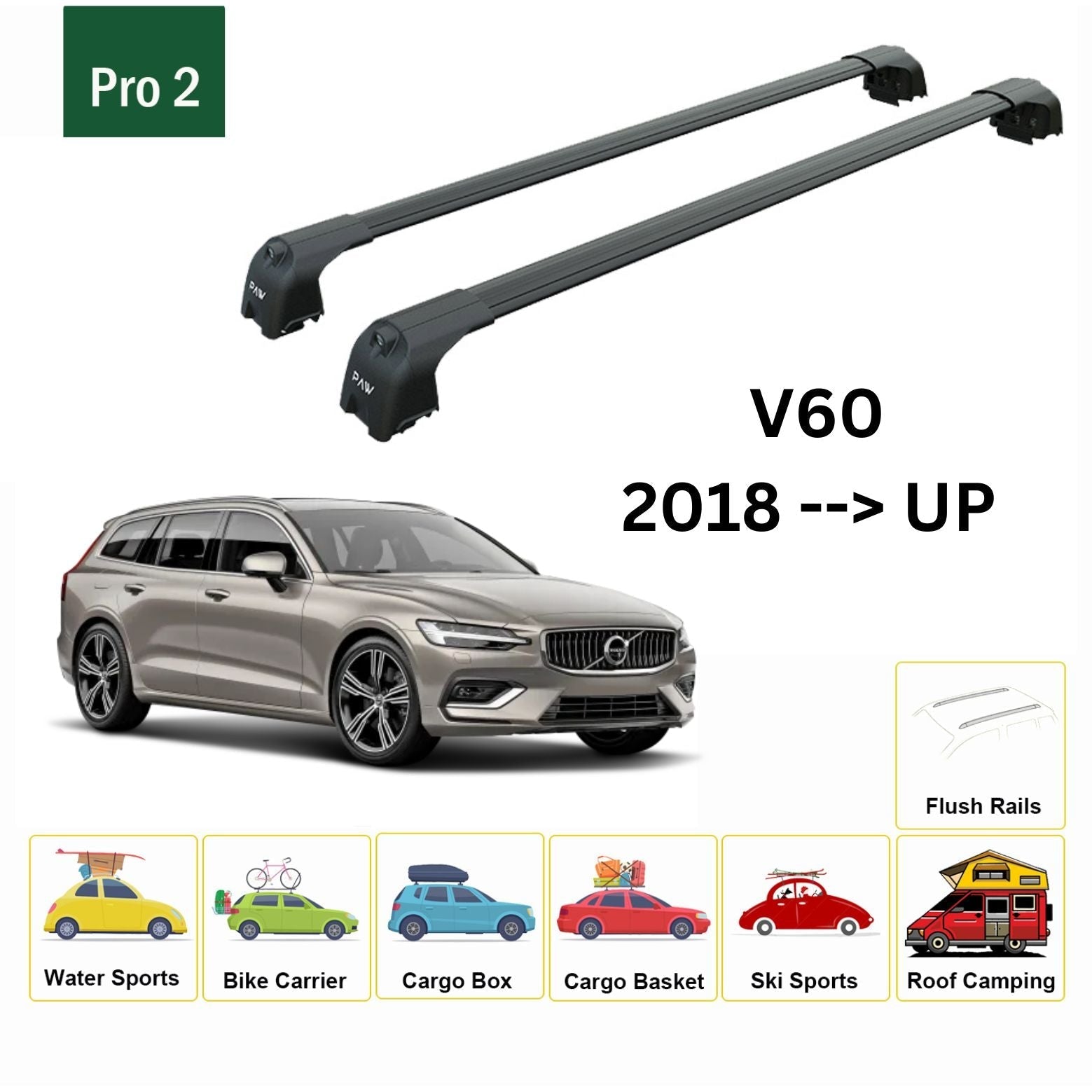 Volvo V60 Estate 2018-2025 Portbagaj Taşıyıcı Ara Atkisi - Ara Çubuk Paw Pro 2 Siyah