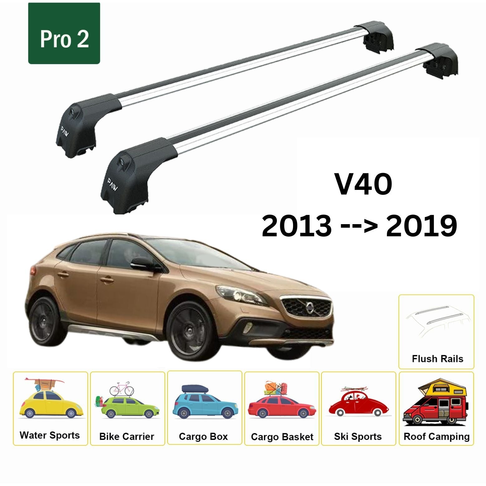 Volvo V40 2013-2019 Portbagaj Taşıyıcı Ara Atkisi - Ara Çubuk Paw Pro 2 Gri