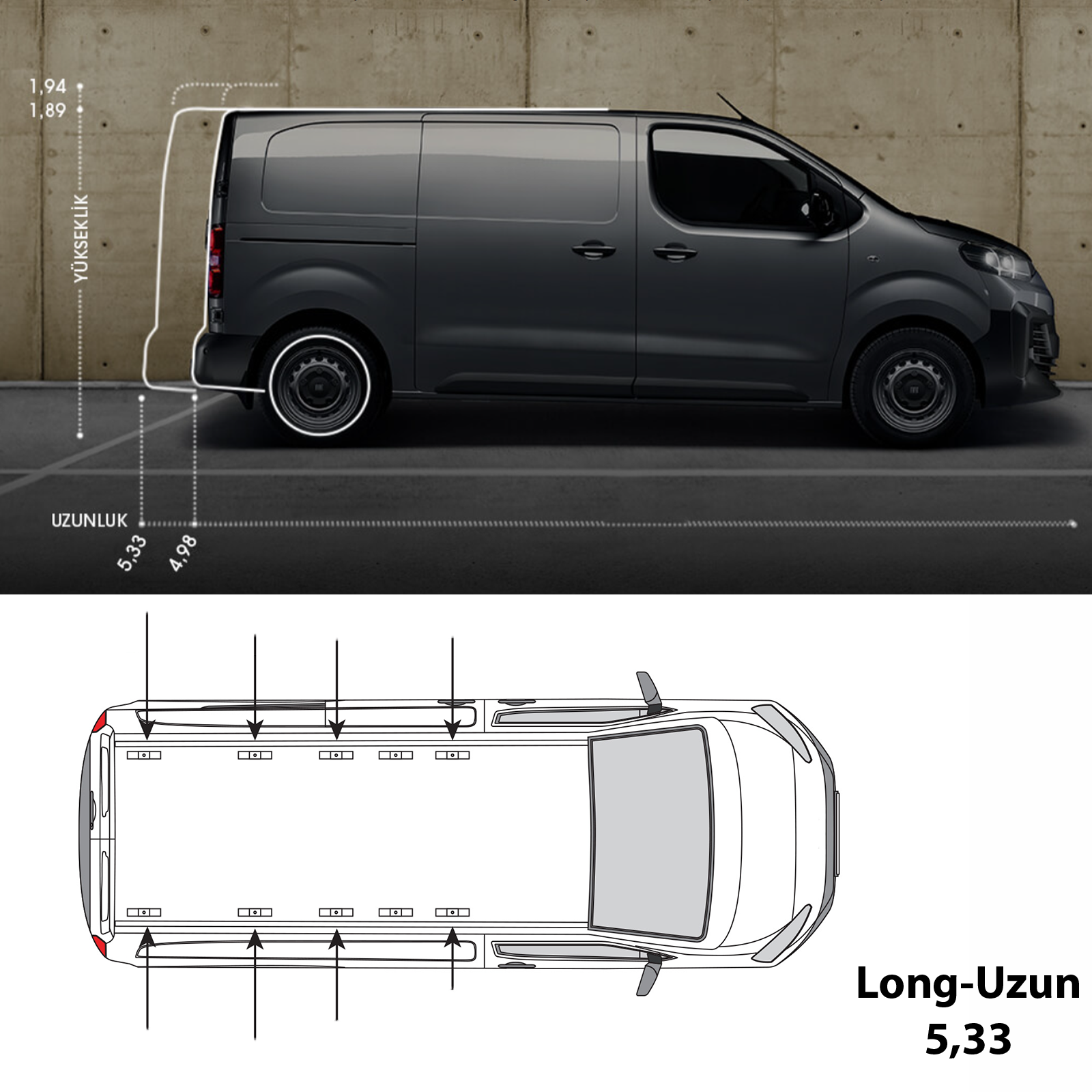Fiat Scudo Uzun (2021-2025) Alüminyum Tavan Rayları, Plus Serisi - Siyah